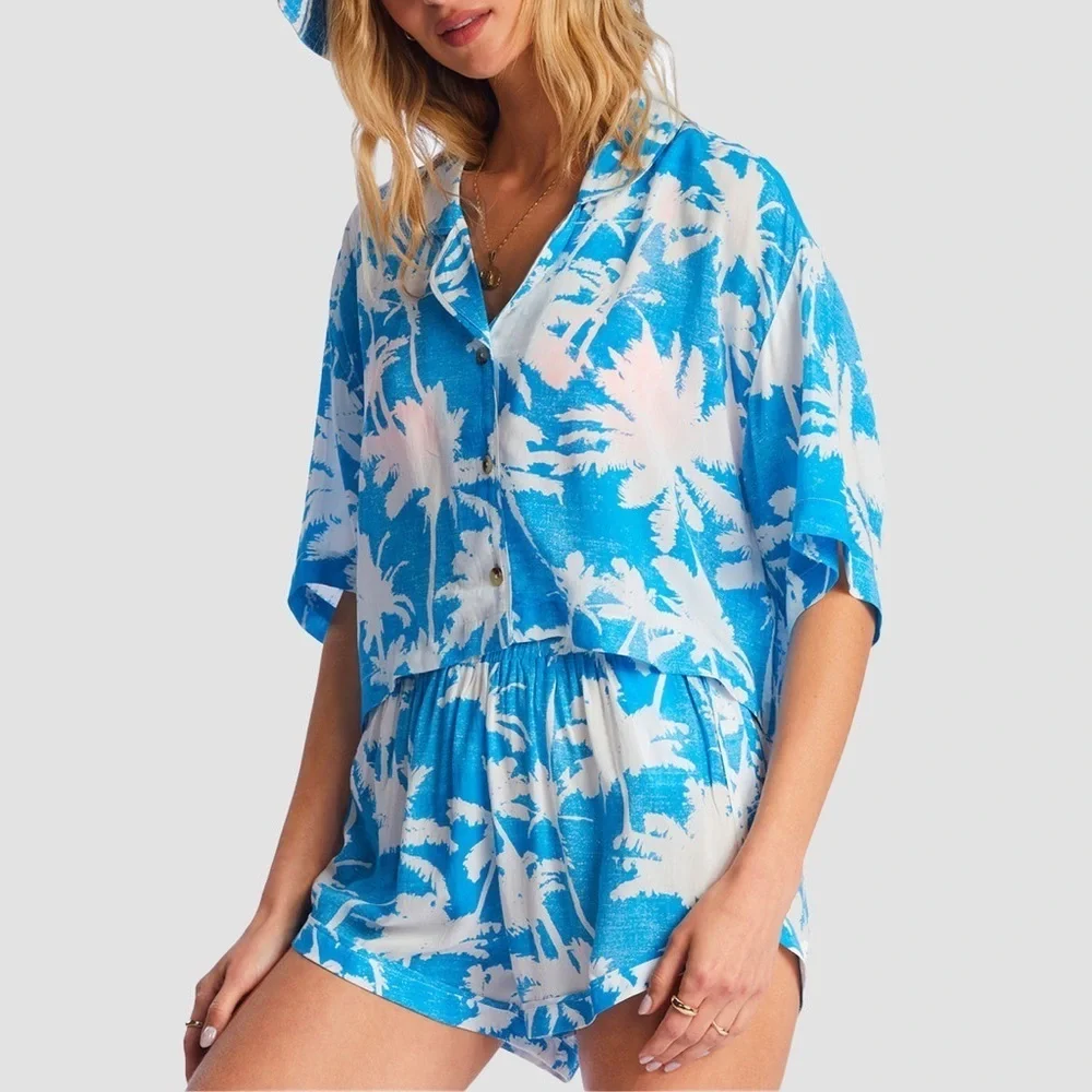 Billabong Crop Short Sleeve Top- Blue Hawaiian - Picture 3 of 5